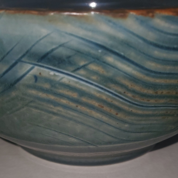 Blue Chevron-like Pedestal Pottery Bowl - Picture 2 of 2